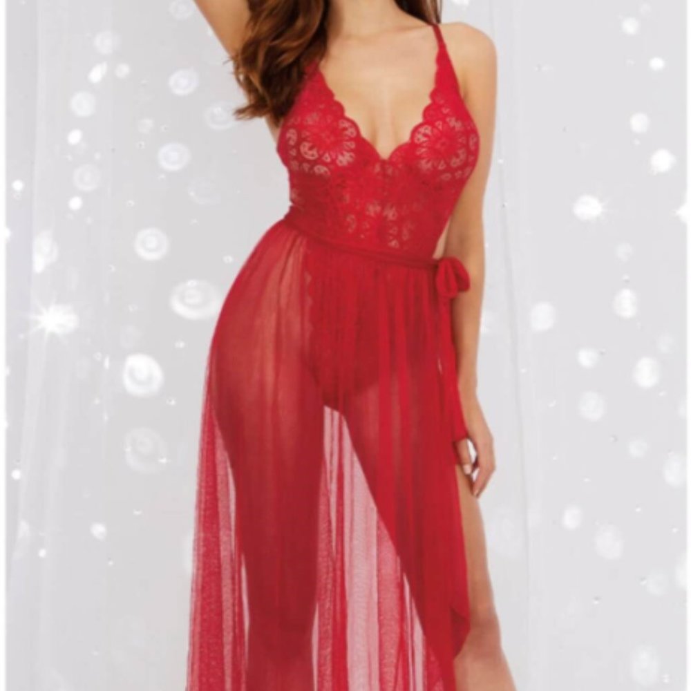 Women's Lingerie Mosaic Stretch Lace Teddy & Sheer Wraparound Skirt Set.